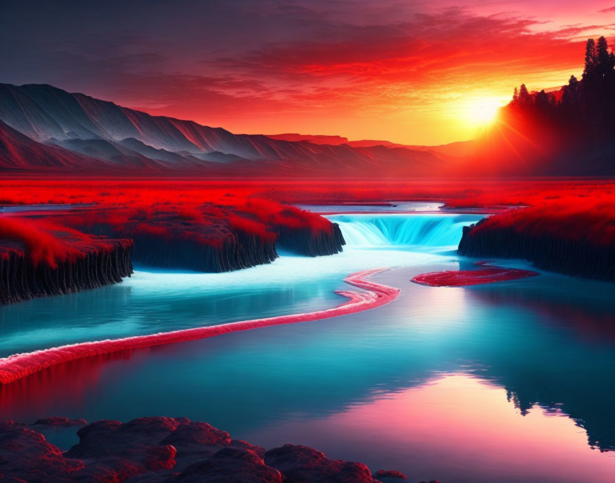 Scenic landscape with crimson sunset and blue waterfalls