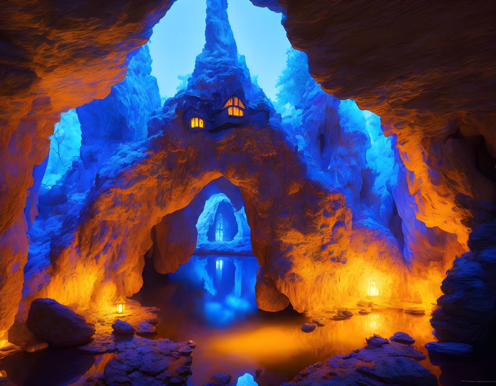 Luminous Blue Cave with Cozy House on Rock Formation