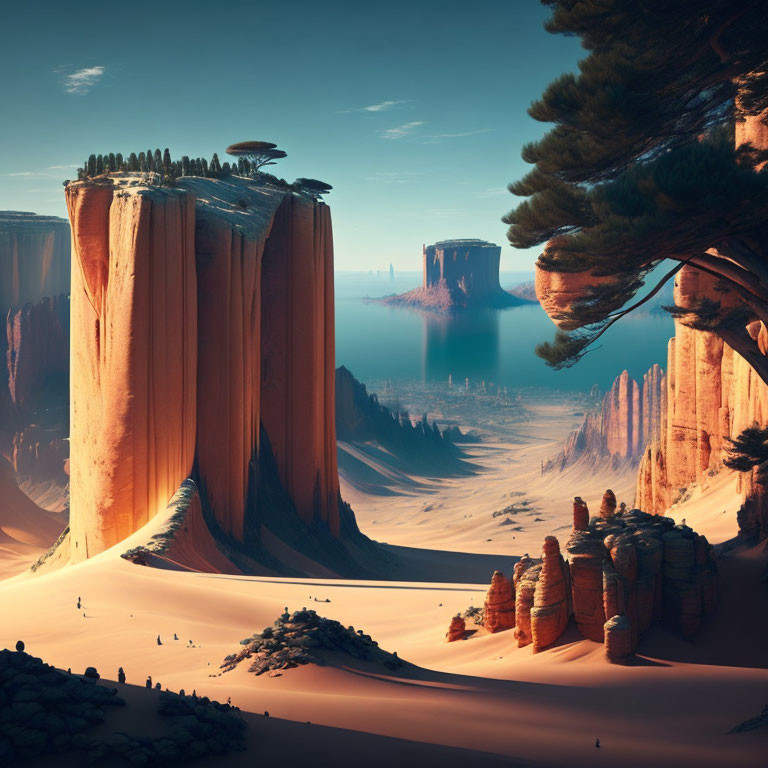 Majestic sandstone pillars and serene water in desert landscape