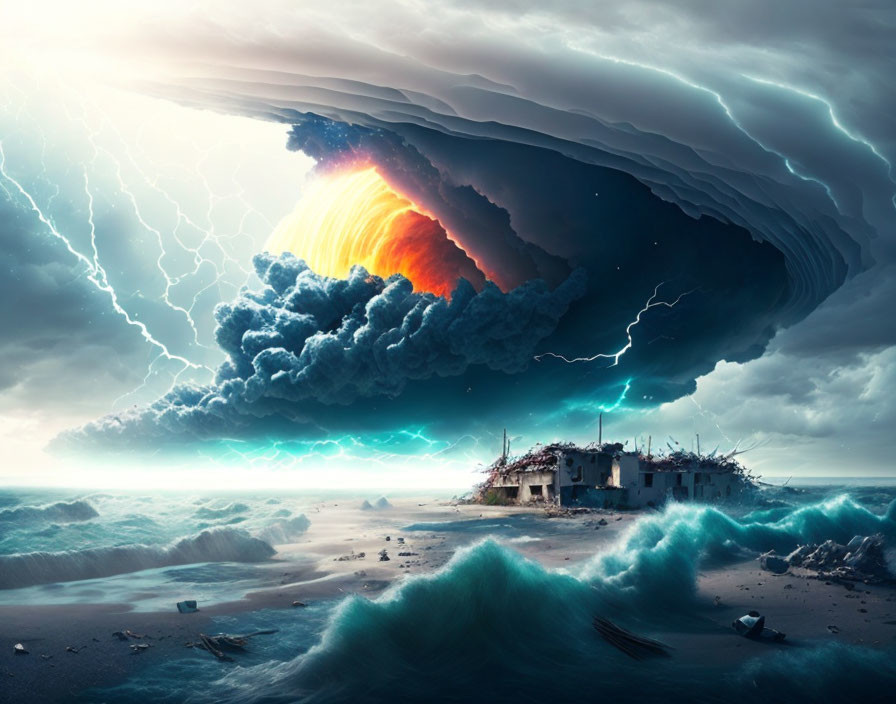 Apocalyptic scene with thunderstorm, lightning, tumultuous seas, destroyed buildings, ominous sun