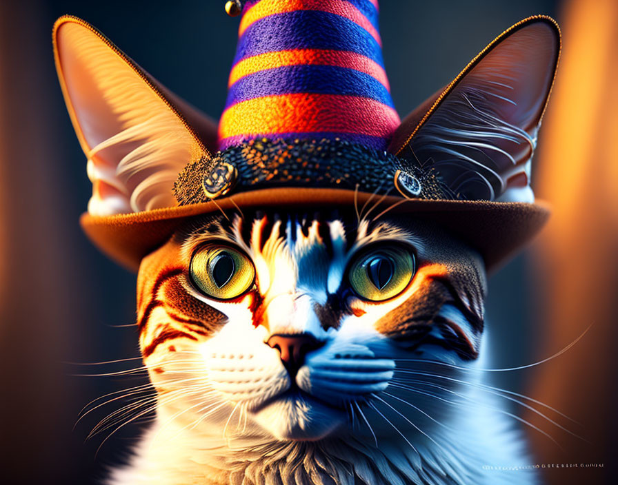 Yellow-eyed Cat in Tall Striped Hat with Sparkling Decorations