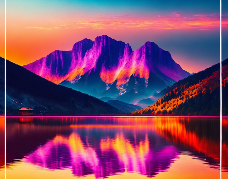 Scenic sunset with purple and orange hues over mountain lake and cabin