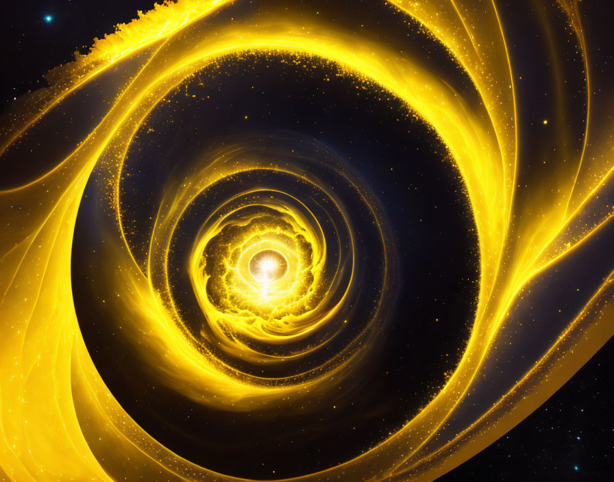 Vivid digital illustration: Golden spirals on dark space backdrop