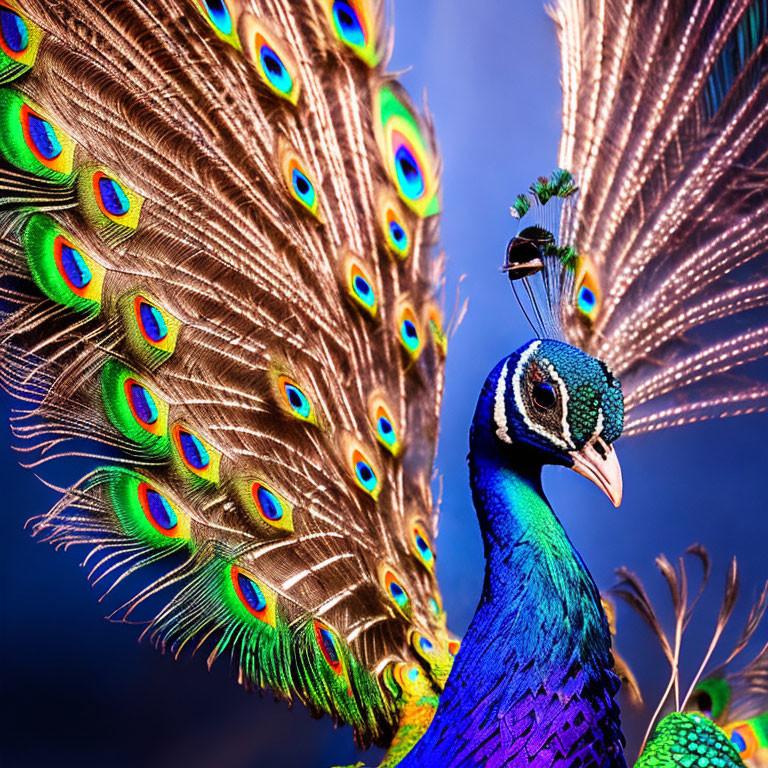 Colorful Peacock with Intricate Eye Patterns on Blue Background