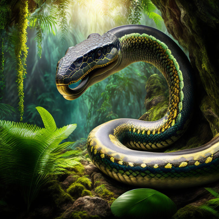 Colorful snake in lush forest with sunbeams