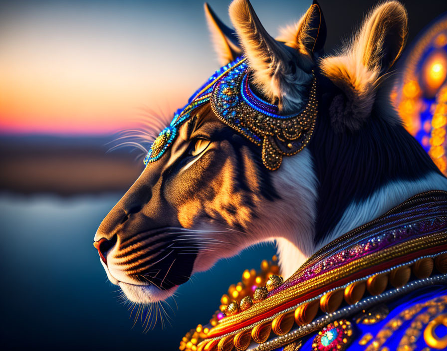 Colorful Tribal Beaded Lion with Headdress at Sunset