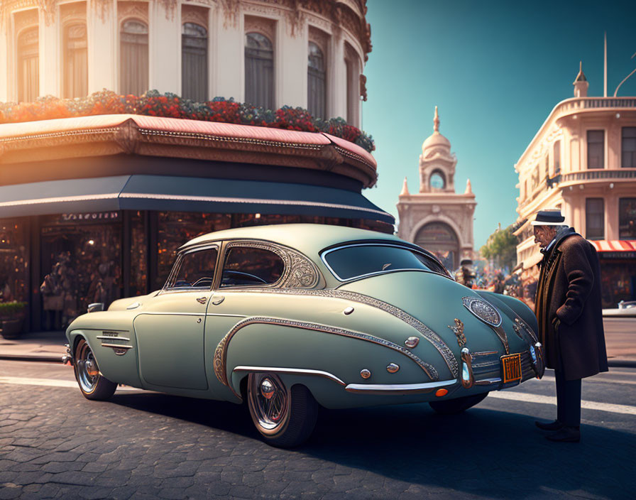 Elegantly dressed man admires vintage car in city setting