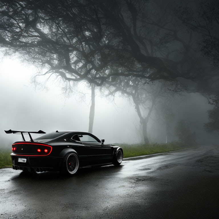 Black Sports Car with Rear Spoiler Parked on Foggy Road Amid Silhouetted Trees
