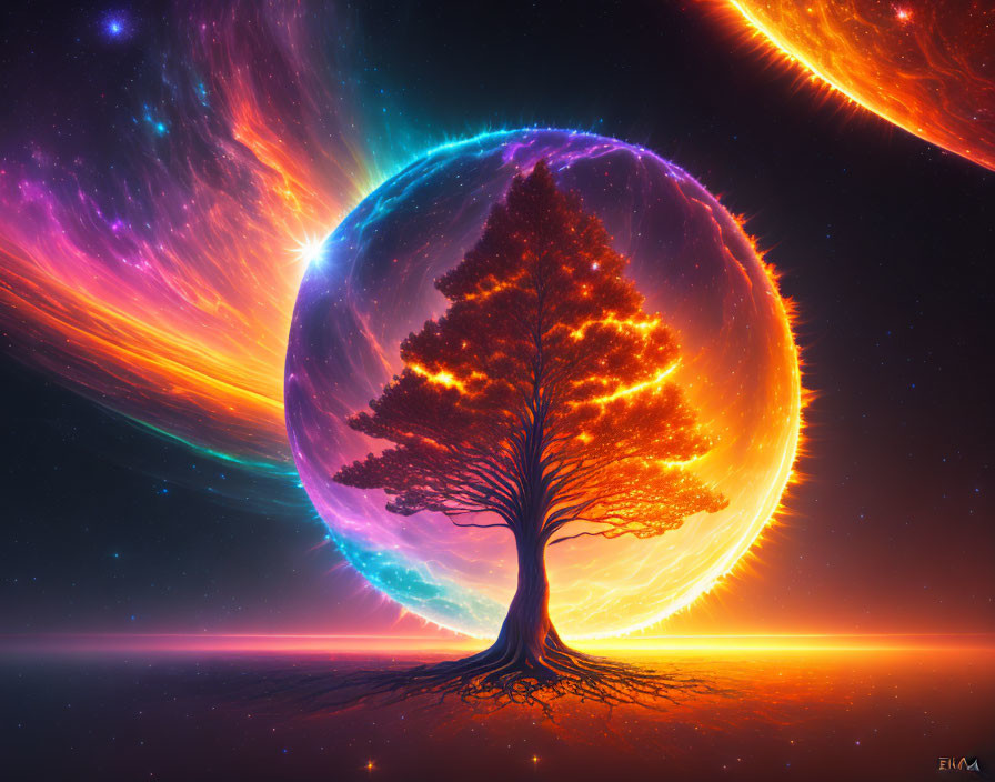 Digital artwork of lone tree against cosmic backdrop