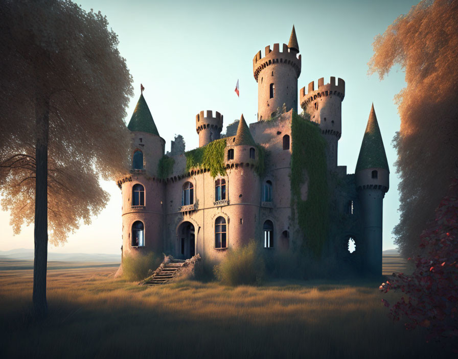 Enchanting fairytale castle nestled among trees with ivy, turrets, and flags