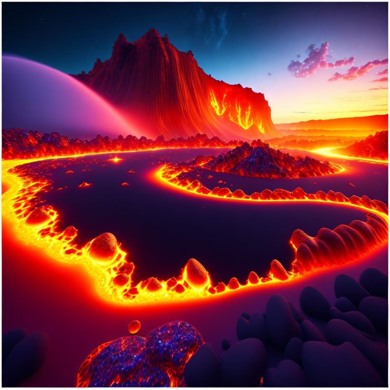 Alien landscape with lava river under twilight sky
