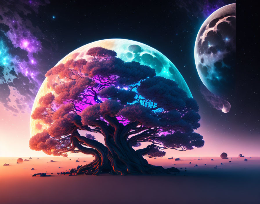 Majestic tree with vivid canopy under surreal sky with two moons and stars