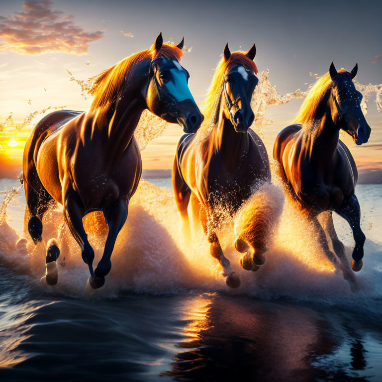 Majestic horses galloping in ocean waves at sunset