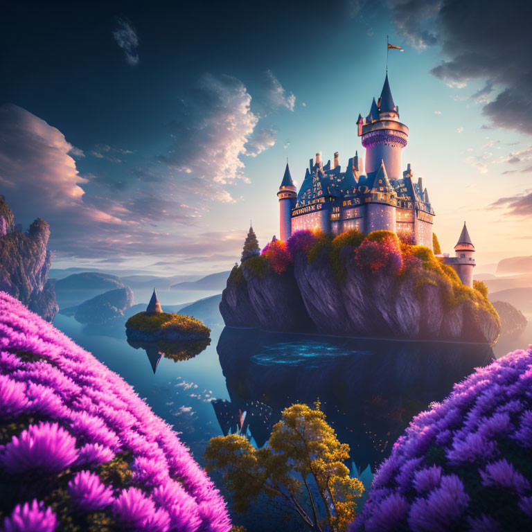 Majestic fantasy castle on cliff with purple flowers and sunset sky