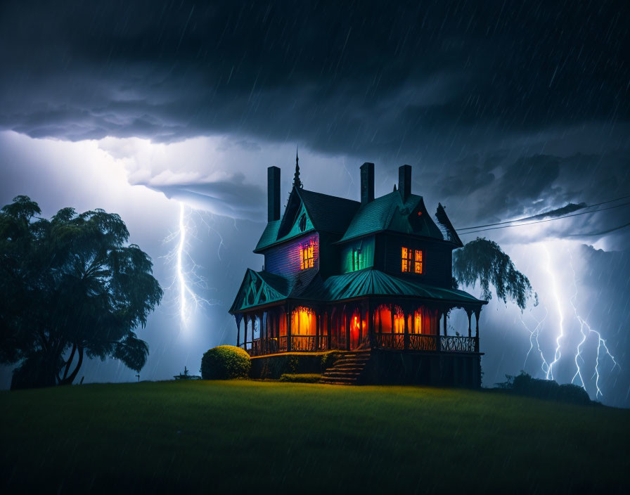 Victorian-style house on hill in thunderstorm at night
