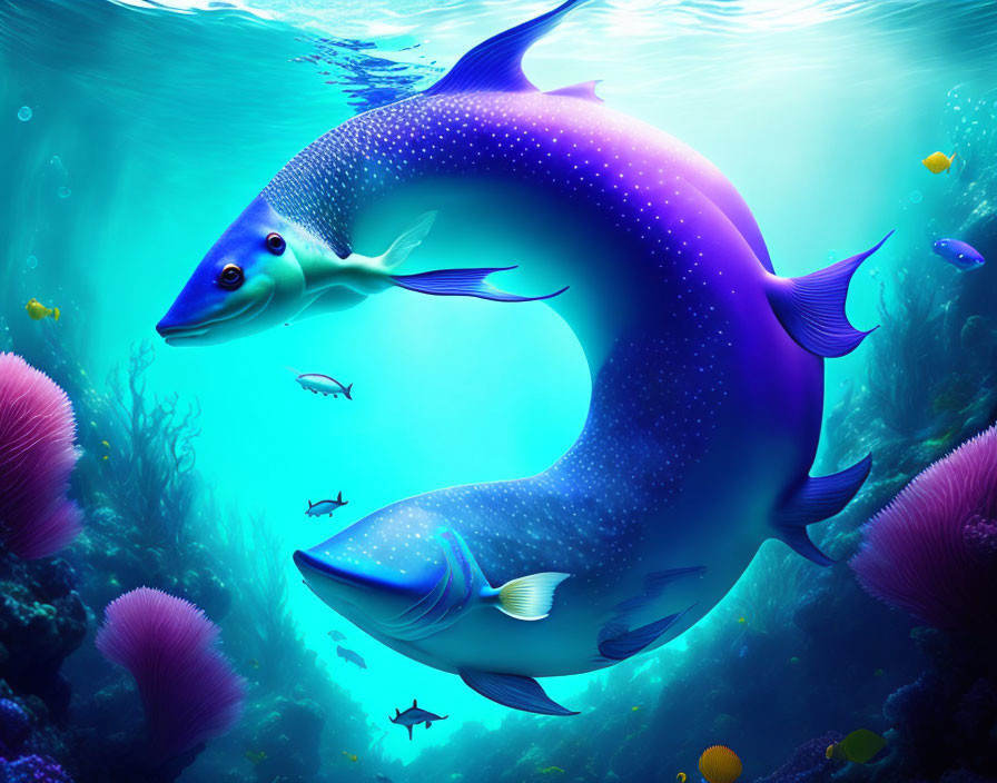 Vibrant digital artwork: large, glowing blue fish in underwater scene