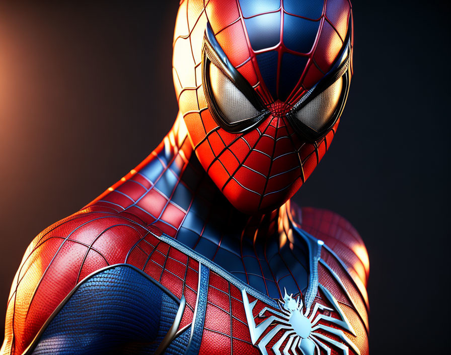 Detailed Spider-Man costume with shiny emblem: Close-up view
