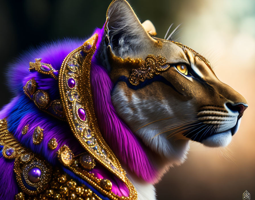 Majestic digital artwork: Lynx profile with purple mane & regal attire