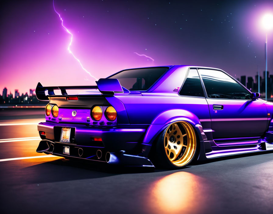 Purple sports car with gold rims on road at dusk with city skyline and dramatic sky.