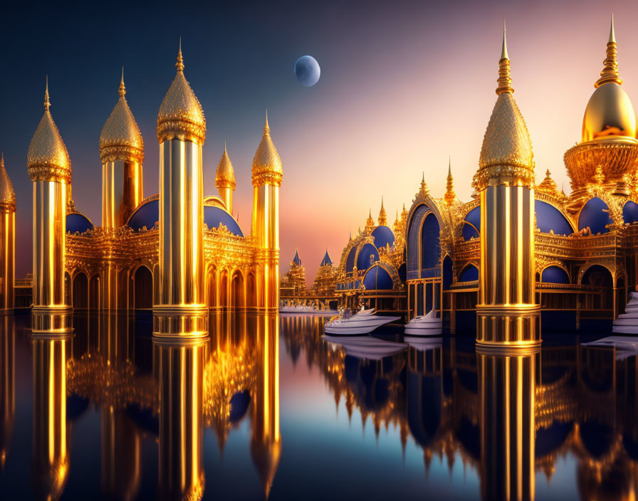 Fantastical palace with golden domes and spires reflecting on tranquil water at twilight