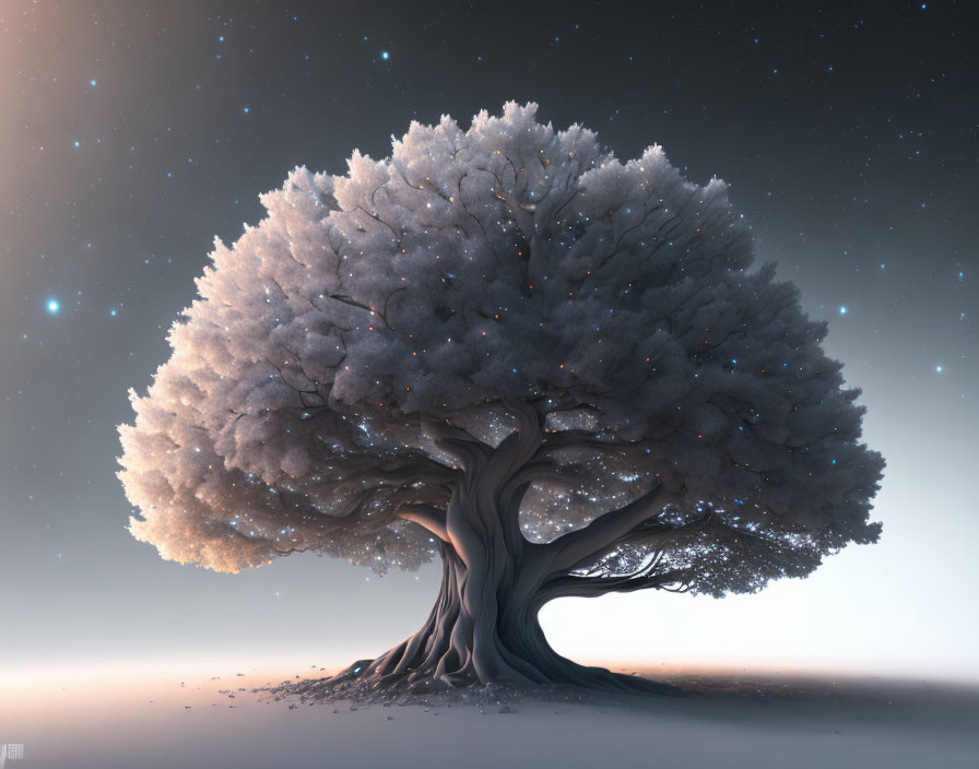 Majestic tree with glittering star-like lights at twilight