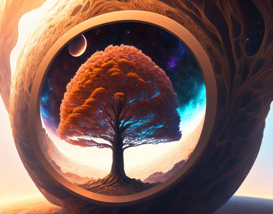 Colorful tree in circular frame with cosmic background and two moons