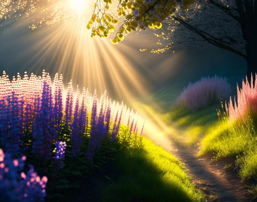Sunbeams through tree branches on path with purple lupines in green forest