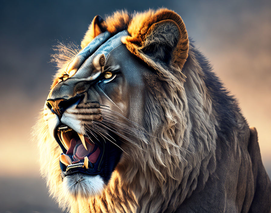 Majestic lion with full mane roaring against dramatic dusk sky