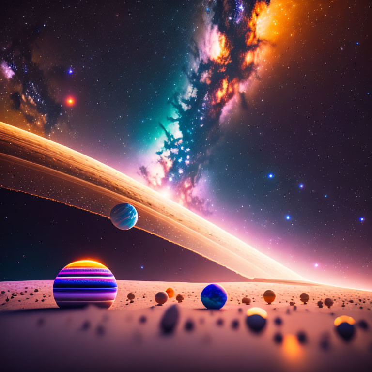 Colorful cosmic landscape with ringed planet, nebula, planets, and asteroid belt.