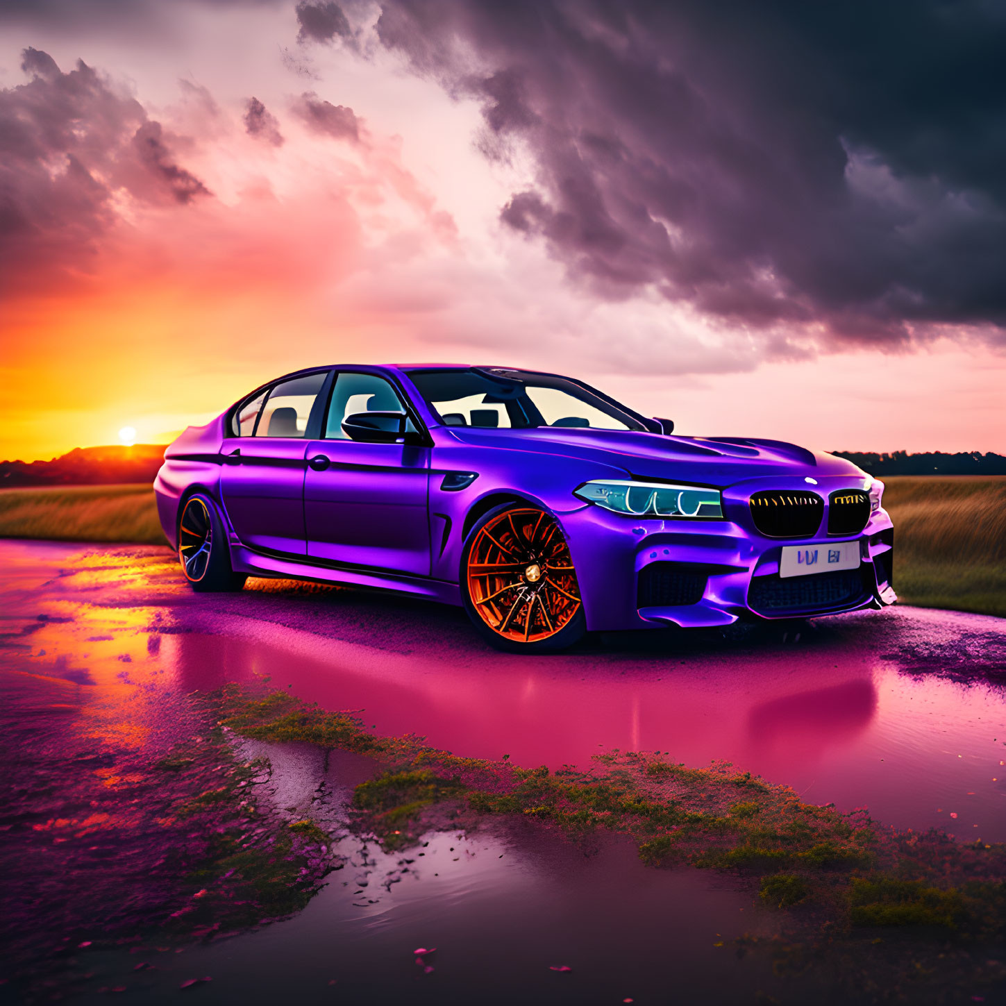 Purple BMW M5 on Wet Road at Sunset