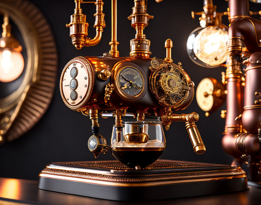 Steampunk coffee machine with brass pipes and gauges brewing coffee.