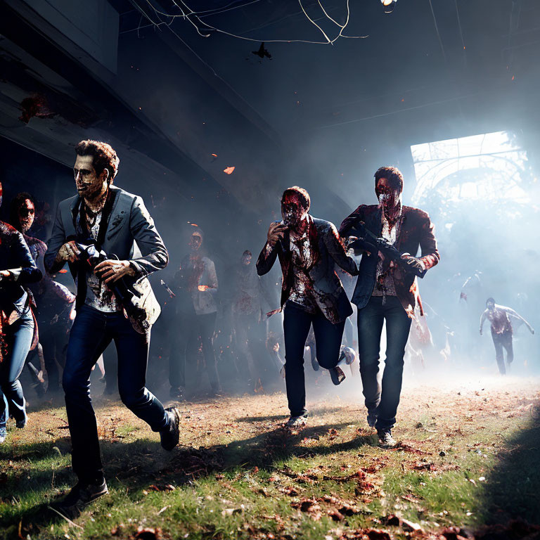 Chaotic zombie run in dramatic lighting and smoky setting