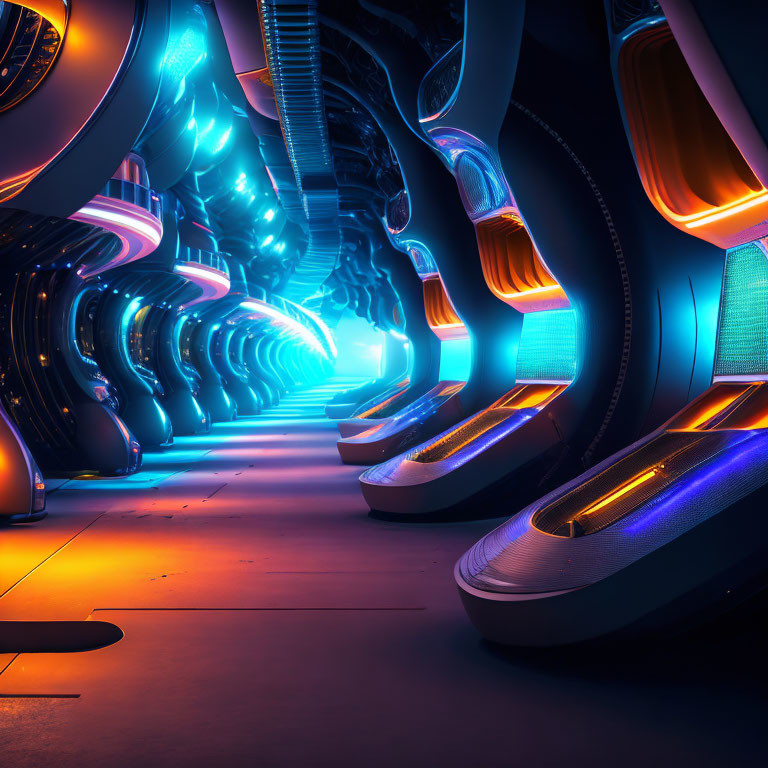 Futuristic corridor with neon lights and sleek, curved architecture