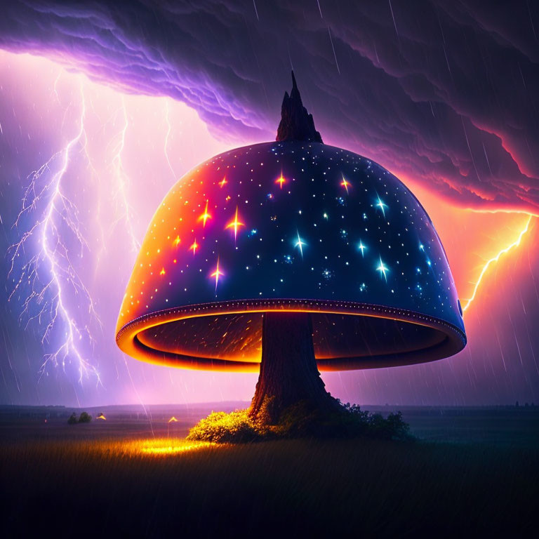 Fantastical UFO hovering above stormy field with vibrant lightning strikes