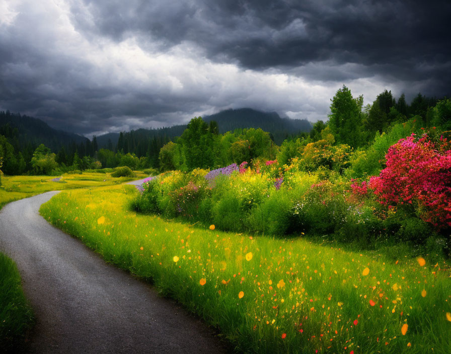 Colorful Flower-Lined Path Under Stormy Sky