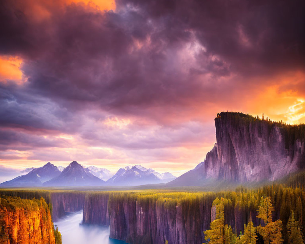 Dramatic Cliff Sunset with Misty River Valley