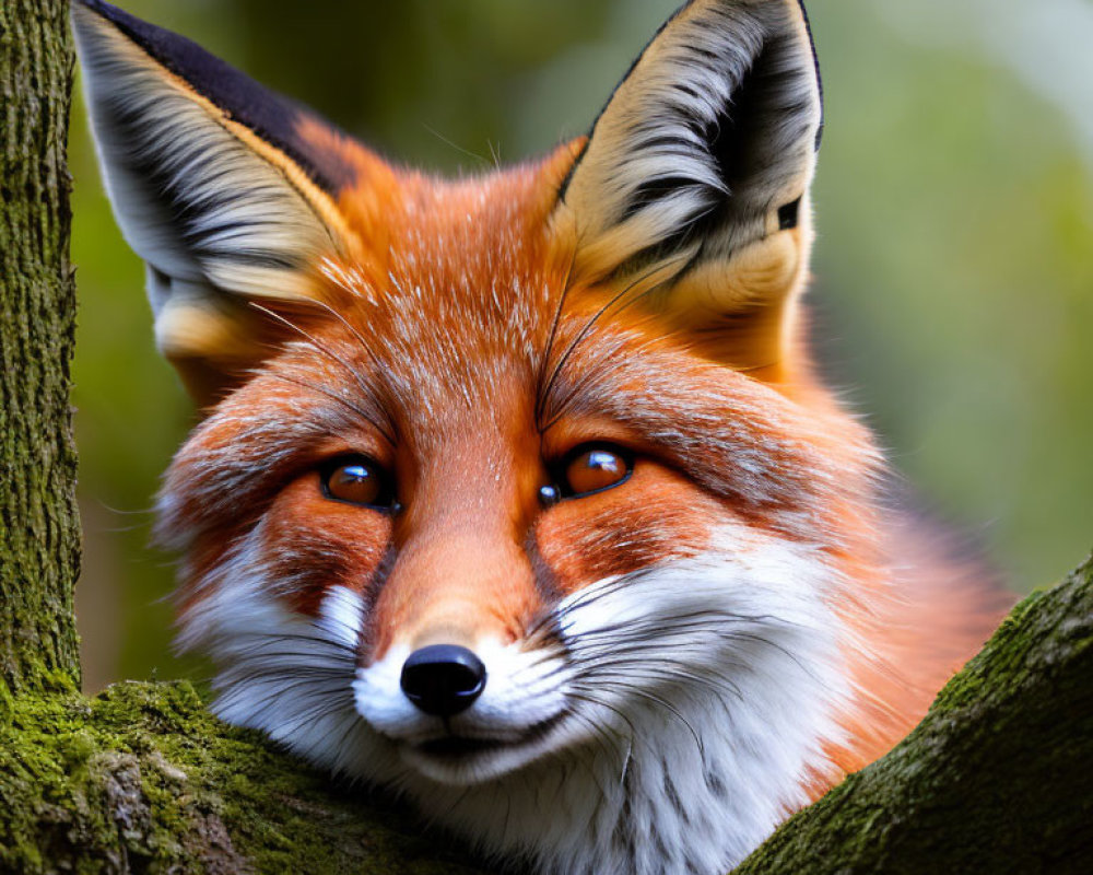 Red Fox Peeking Through Tree Branches with Intense Eyes