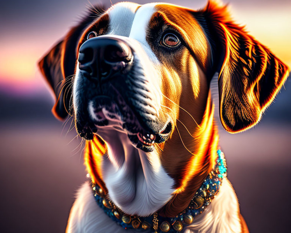 Brown and White Dog Portrait with Sparkling Necklace on Sunset Background