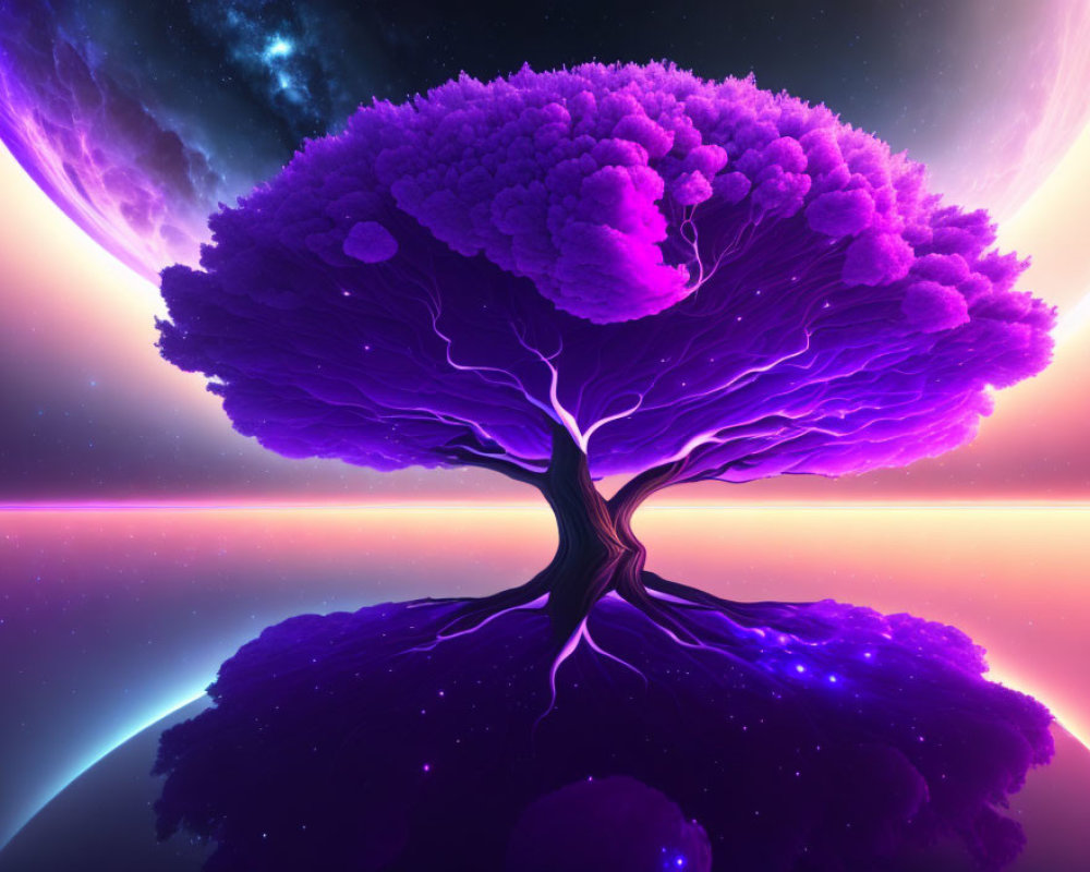 Colorful surreal digital artwork: Purple tree on celestial background