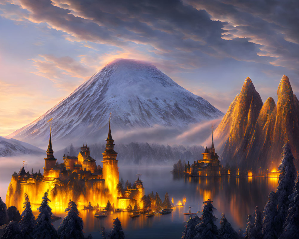 Snow-capped mountain and castles in twilight lake scene