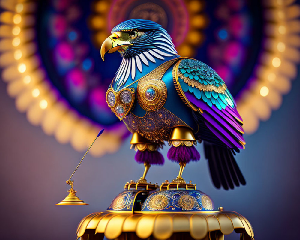 Detailed digital illustration of majestic eagle on decorated stand with bell.