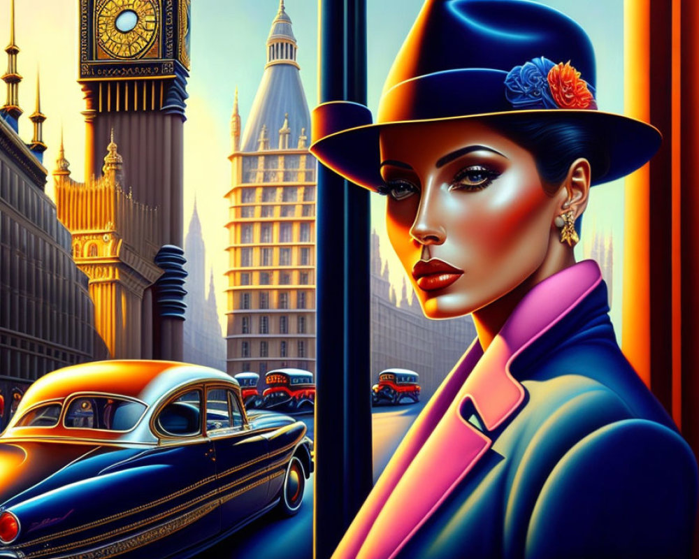 Colorful illustration: stylish woman in hat with London backdrop, Big Ben, classic car.