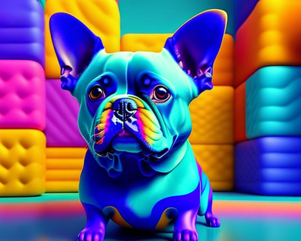 Colorful Digital Artwork: French Bulldog in Neon Blue and Purple Hues on Rainbow Cushions