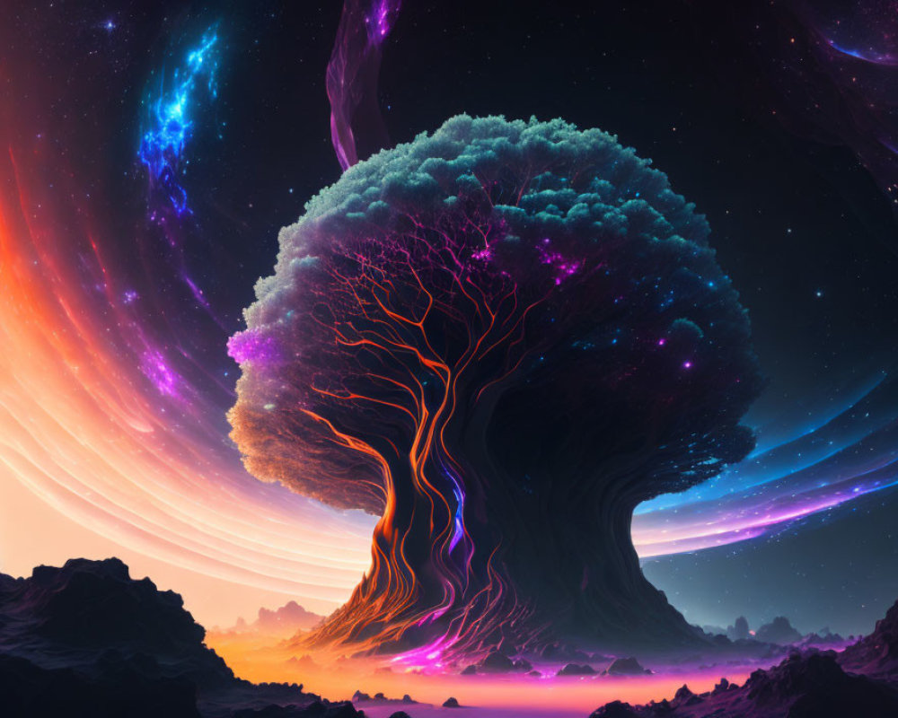 Vibrant tree-shaped nebula in surreal cosmic landscape