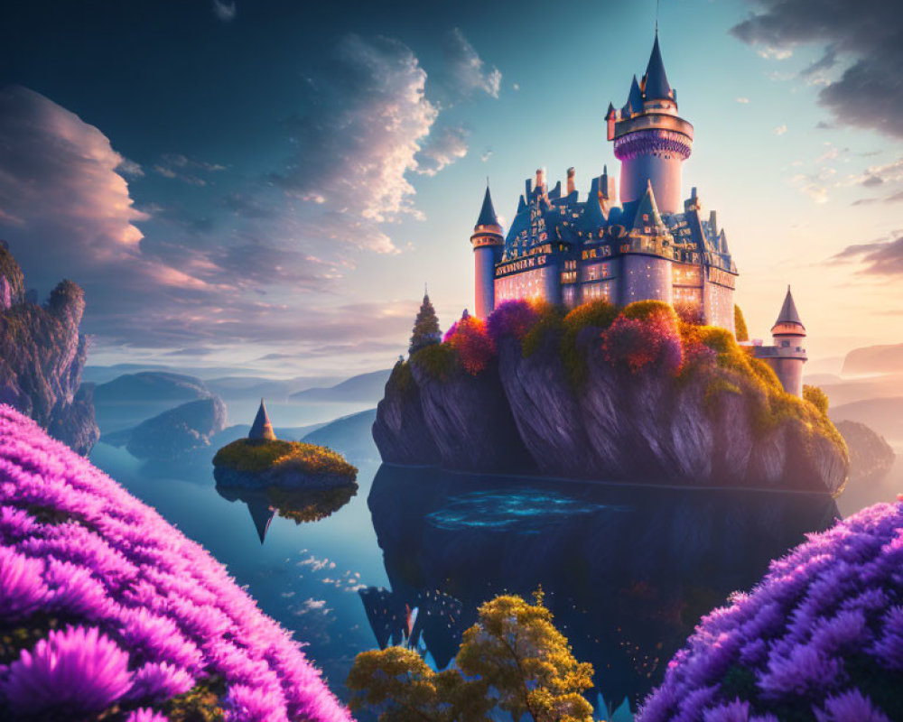 Majestic fantasy castle on cliff with purple flowers and sunset sky