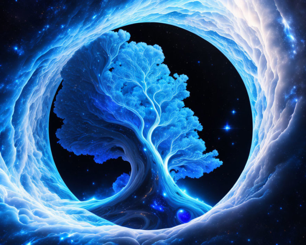 Fantastical tree with glowing blue leaves against cosmic background