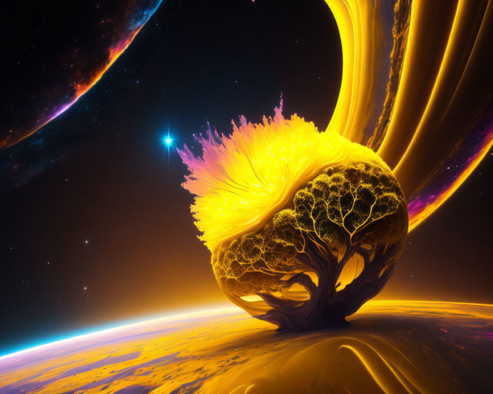 Colorful digital artwork: Glowing tree with leafy and fiery branches in cosmic setting