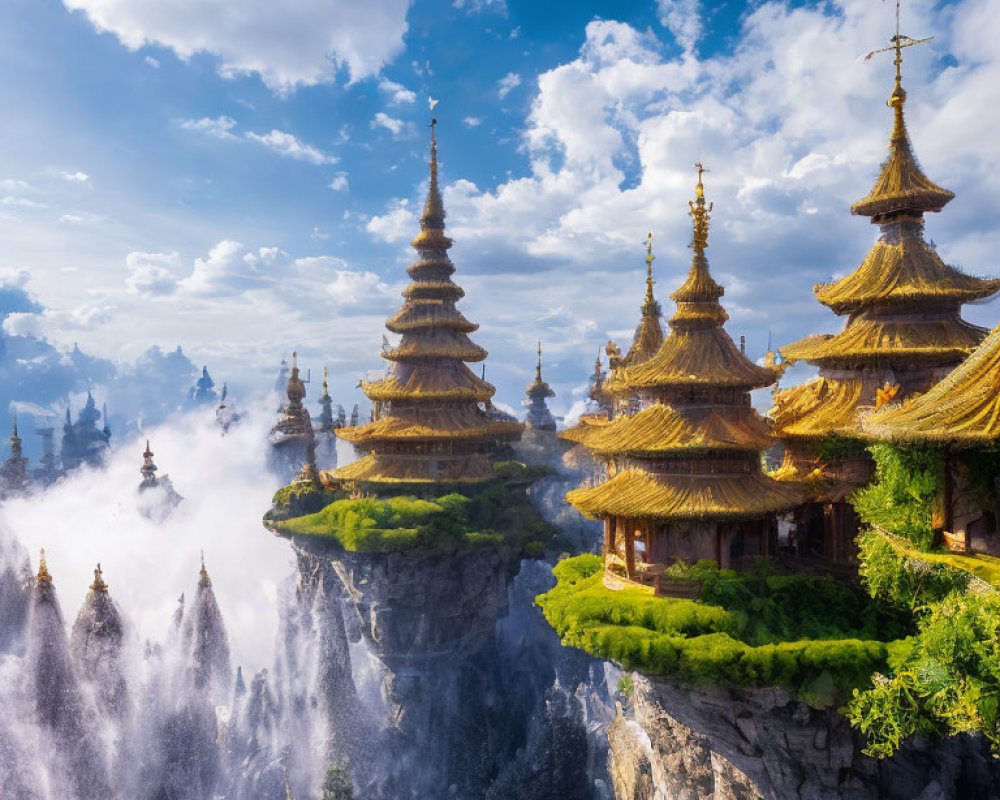 Mystical landscape: ancient pagoda temples on cliffs, lush greenery, floating clouds