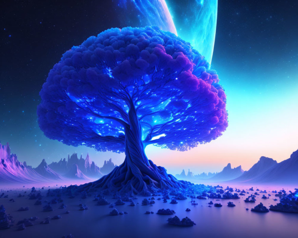 Blue Tree in Mystical Landscape with Starry Sky and Nebula