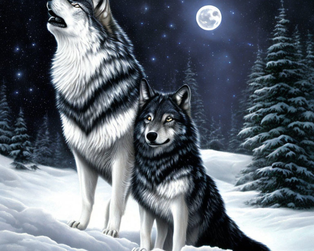 Two wolves in snowy forest at night: one howling at full moon, another sitting calmly.